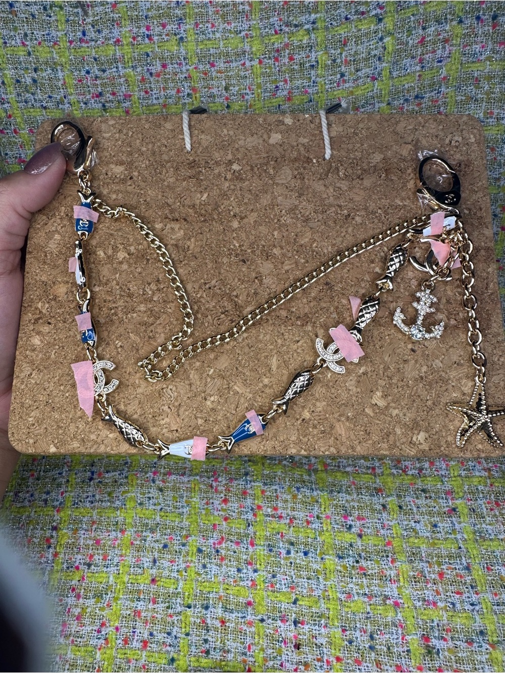 A A great Gold Chain Charm Necklace with Pink Ribbon Accents